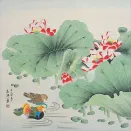 Colorful Mandarin Ducks & Lotus Flowers Painting
