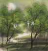 Asian Cranes in the Jungle Landscape Watercolor Painting