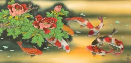 Chinese Koi Fish & Peony Flower Large Painting