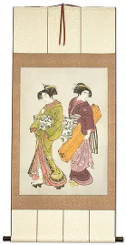 Geisha & Servant Carrying Shamisen - Japanese Print - Jumbo Wall Scroll