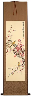 Yellow Birds and Plum Blossoms Wall Scroll