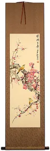 Yellow Birds and Plum Blossoms Wall Scroll