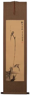 Shrike Perched in a Dead Tree - Hand-Painted Wall Scroll