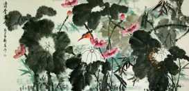 Traditional Freehand Asian Lotus and Birds Large Painting