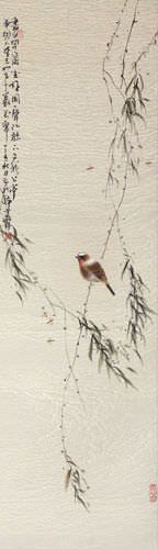 Bird Song in the Mountains - Bird and Flower Wall Scroll close up view