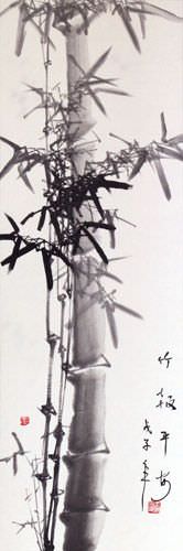 Chinese Black Ink Bamboo Wall Scroll close up view