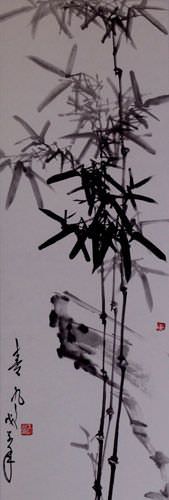 Chinese Black Ink Bamboo Wall Scroll close up view