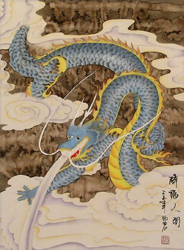 Good Luck Blue Dragon - Chinese Scroll close up view