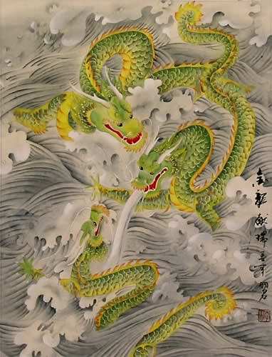 Three Green Dragons - White Asian Silk Scroll close up view