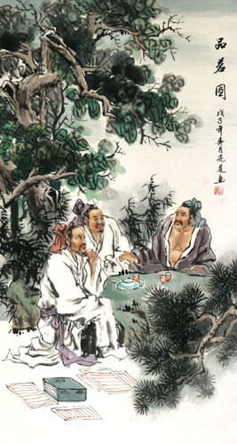 Men Drinking Tea and Writing Calligraphy Scroll close up view