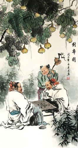 Men Playing Chess (Weiqi) Wall Scroll close up view