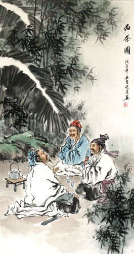 Tea Drinking Wise Men Wall Scroll close up view