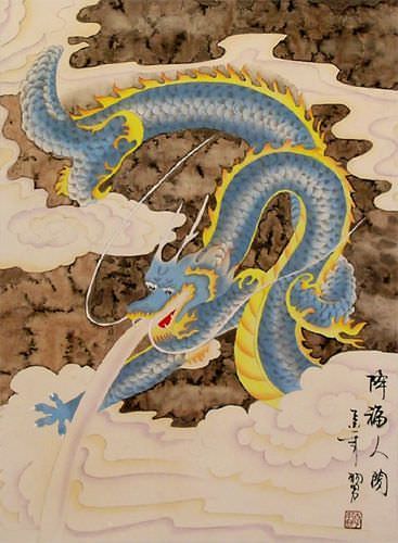 Good Luck Blue Dragon - Chinese Scroll close up view