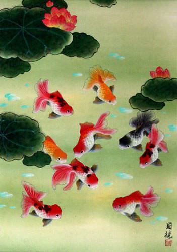 Gold Fish & Flowers - Asian Scroll close up view