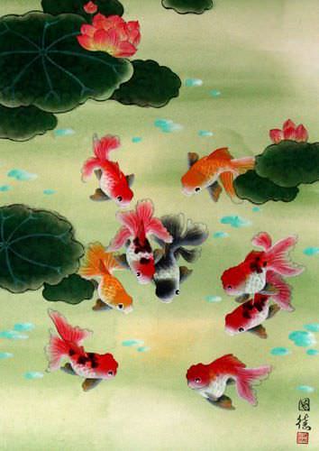Gold Fish Wall Scroll close up view