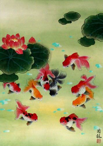 Gold Fish & Flowers - Asian Scroll close up view