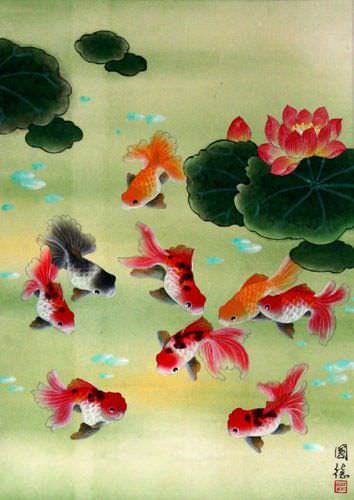 Gold Fish Wall Scroll close up view