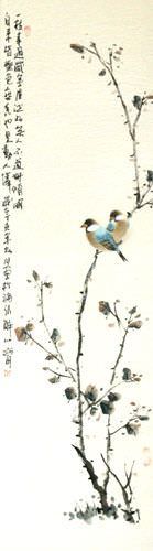 Birds on a Branch - Bird and Flower Wall Scroll close up view