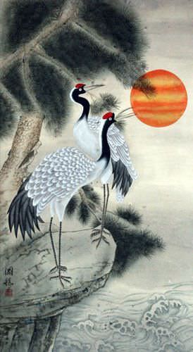 Antique-Style Cranes and Pine Tree Wall Scroll close up view