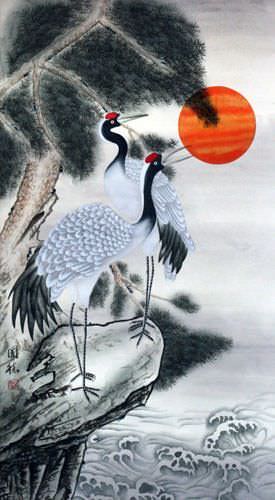 Cranes and Pine Trees Wall Scroll close up view