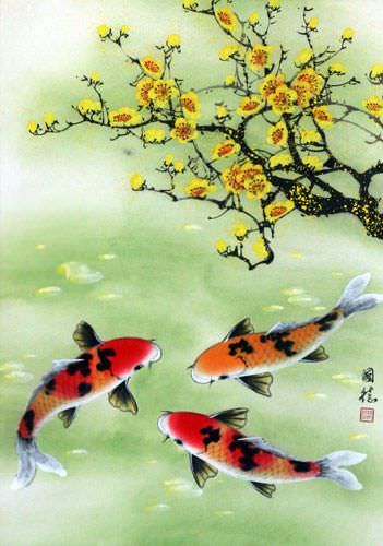 Koi Fish and Plum Blossoms - Large Wall Scroll close up view