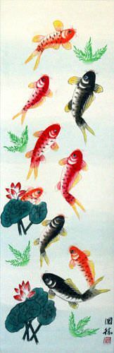 Koi Fish & Lotus Flower - Chinese Scroll close up view