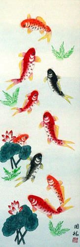 Koi Fish & Lotus Flower - Chinese Scroll close up view
