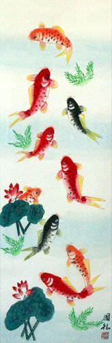 Koi Fish & Lotus Flower - Chinese Scroll close up view