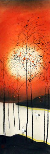 Sounds of Autumn Cranes Large Wall Scroll close up view