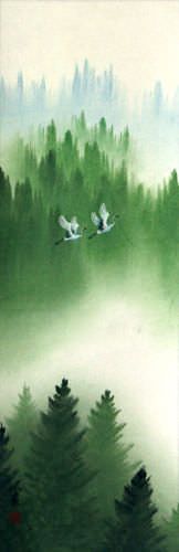 Colorful Asian Cranes Wall Scroll close up view