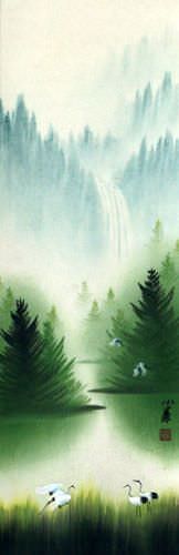 Waterfall Delight Asian Cranes Landscape Wall Scroll close up view