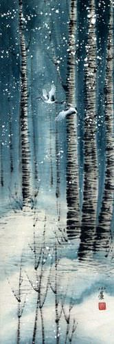 Birch Forest Winter Cranes Wall Scroll close up view
