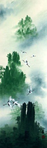 Colorful Asian Cranes Wall Scroll close up view