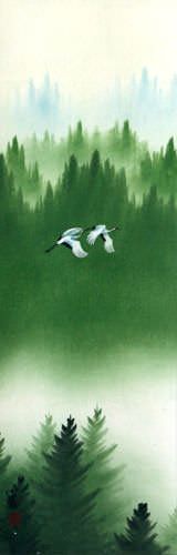Colorful Cranes Wall Scroll close up view