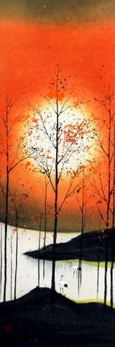 Colorful Asian Cranes Wall Scroll close up view