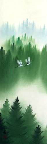 Colorful Asian Cranes Wall Scroll close up view