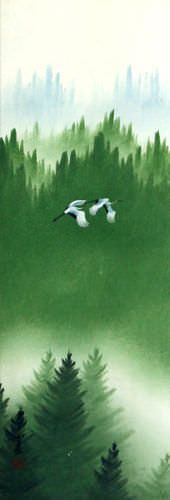 Colorful Cranes Wall Scroll close up view