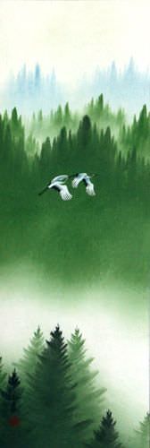 Colorful Asian Cranes Wall Scroll close up view