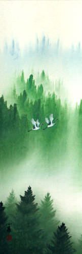 Companions Asian Cranes Landscape Wall Scroll close up view