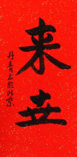 Eternal Life / Future Life - Chinese / Japanese Kanji Wall Scroll close up view
