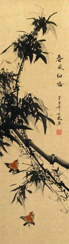 Chinese Birds and Bamboo Wall Scroll close up view