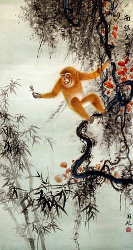 Monkey and Dragonfly - Asian Scroll close up view