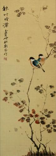 Autumn Leaves Deep Feelings - Bird and Flower Wall Scroll close up view