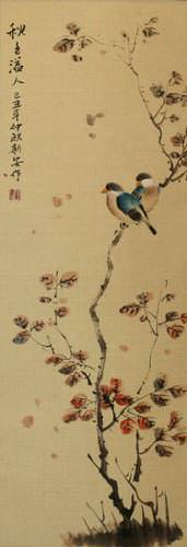 Autumn Leaves Deep Feelings - Chinese Bird and Flower Wall Scroll close up view