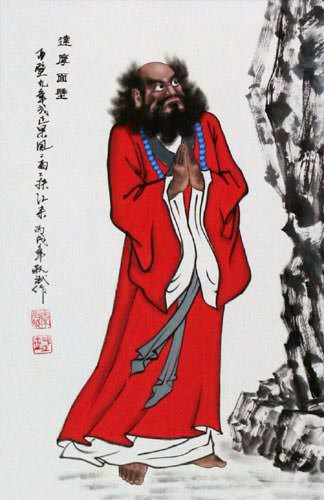 Damo Buddha Stares at the Wall - Wall Scroll close up view