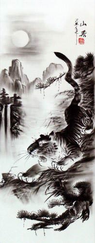 Charcoal Tiger Drawing Wall Scroll close up view