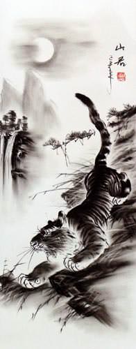 Charcoal Tiger Drawing Wall Scroll close up view