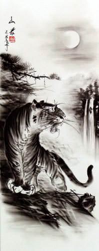Charcoal Tiger Drawing Wall Scroll close up view