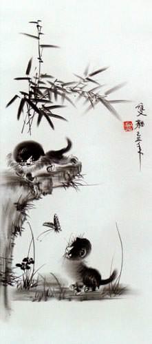 Charcoal Kittens and Butterfly Wall Scroll close up view