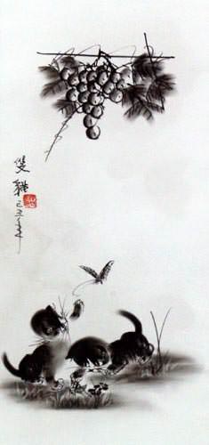Charcoal Kittens Drawing Wall Scroll close up view